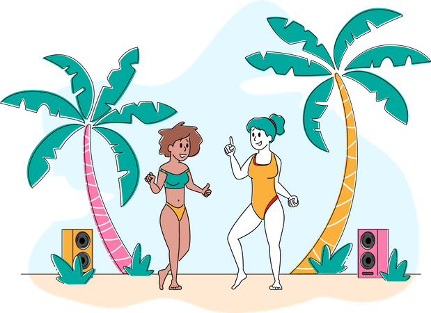 Young Girls Enjoying Summer Beach Party Illustration