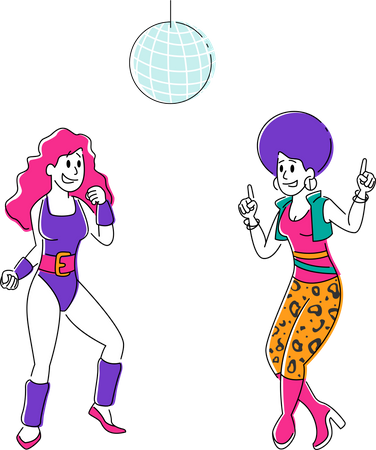 Young Girls in Retro Suits Visiting Night Club Dancing Disco Dance under Stroboscope Lighting  Illustration