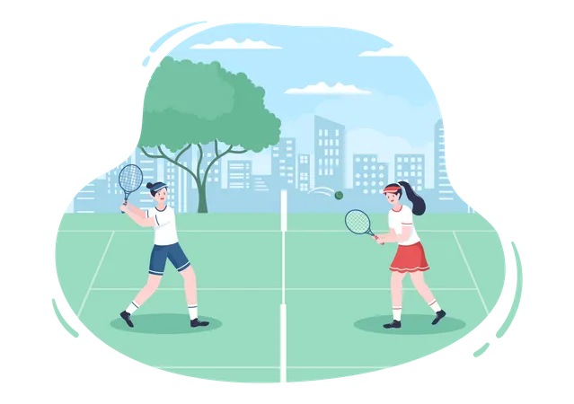 Young girls playing tennis on ground Illustration
