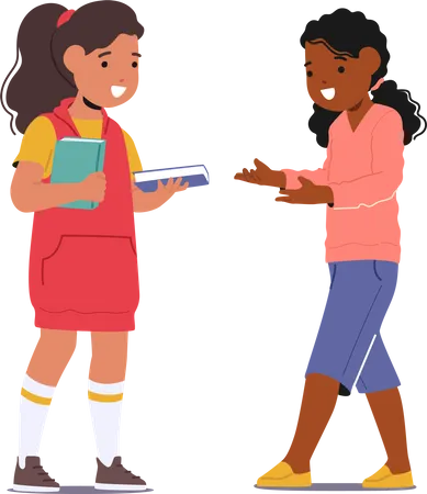 Young Girls Readers Swap Books Kids Trading Tales Sharing Adventures World Of Imagination Unfolds As Books Change Hands Fostering A Love For Reading And Stories Cartoon People Vector Illustration Illustration