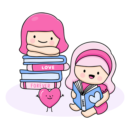 Young Girls Reading Romantic Books Illustration