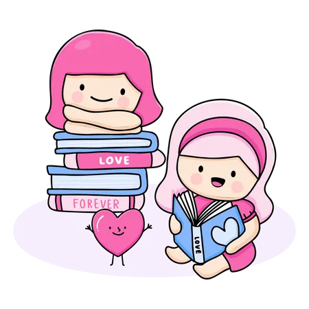 Young Girls Reading Romantic Books Illustration