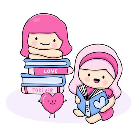 Young Girls Reading Romantic Books  Illustration