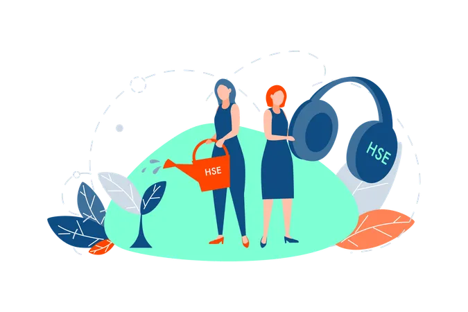 Young girls standing and holding big headphones and watering can with hse acronym  Illustration