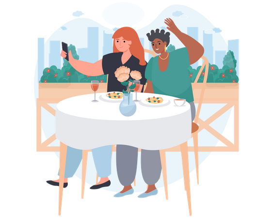 Young girls taking selfie in restaurant  Illustration