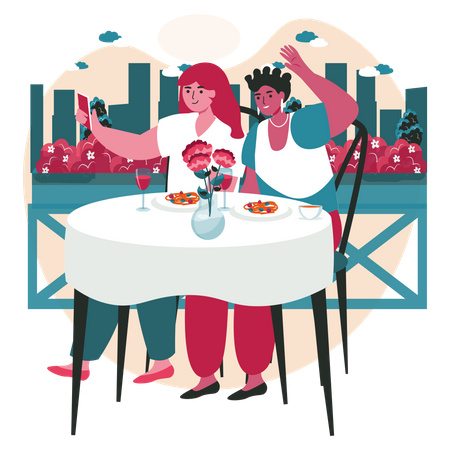 Young girls taking selfie in restaurant  Illustration