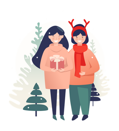 Young girls with gift standing together and preparing to celebrate event in forest  Illustration