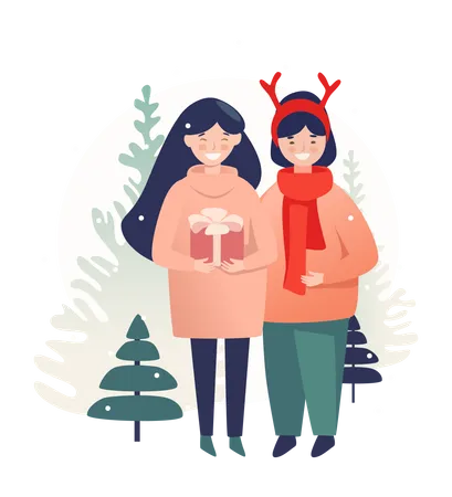 Winter Holiday Poster Template In Flat Design Banner Layout To New Year And Christmas With Young Girls With Gift Standing Together And Preparing To Celebrate Event In Forest Vector Illustration Illustration