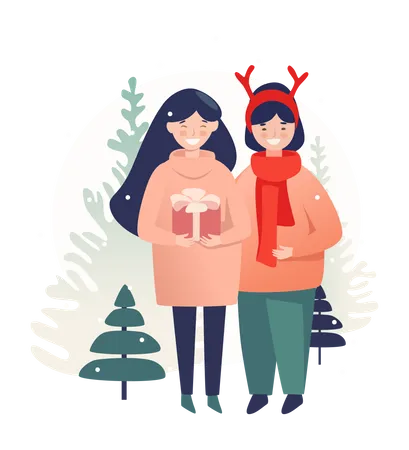 Young girls with gift standing together and preparing to celebrate event in forest  Illustration