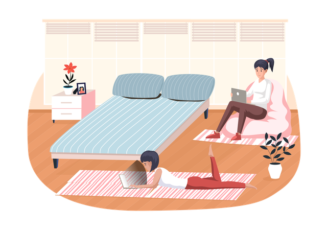 Young Girls Working On Laptop At Home  Illustration