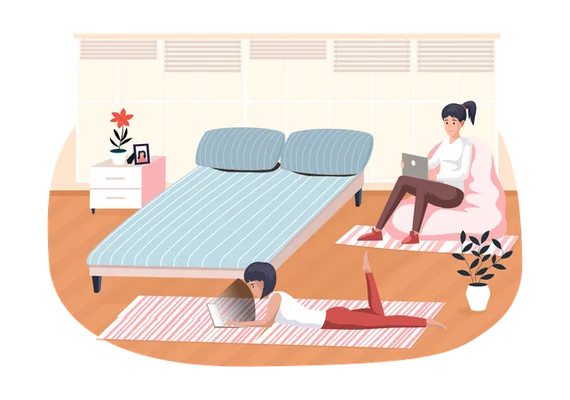 Young Girls Working On Laptop At Home  Illustration