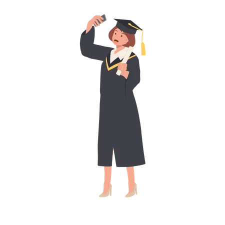 Education Graduation And People Concept Young Woman Graduate Taking Selfie Happy Graduate Captures Selfie Moment Illustration