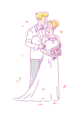 Young groom in white costume and bride in wedding dress and flowers get married Illustration