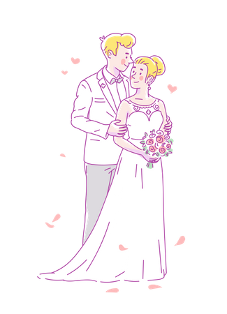 Young groom in white costume and bride in wedding dress and flowers get married  Illustration