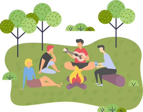Young group of friends on a picnic outside the city  Illustration
