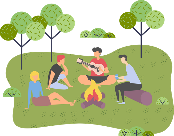 Young group of friends on a picnic outside the city  Illustration