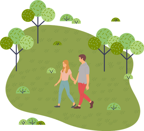 Young guy and girl holding hands walking in summer garden  Illustration