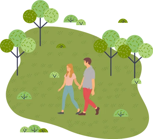 Couple Walking In A Park Young Guy And Girl Holding Hands Walking In Summer Garden Romantic Walk Lovers Man And Woman Met On A Date Outdoor Romantic Promenade In The Open Air Active Lifestyle Illustration