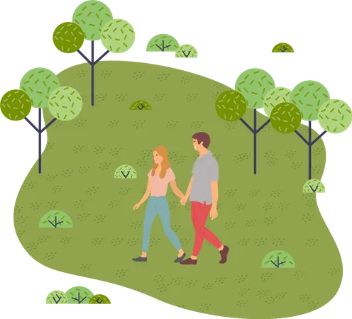 Young guy and girl holding hands walking in summer garden  Illustration