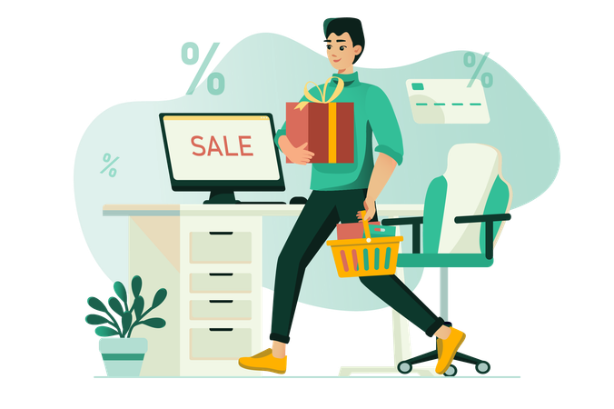 Young guy bought lot of new things in online store  Illustration