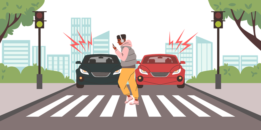 Young guy distracted by phone and cars driving near speed  Illustration