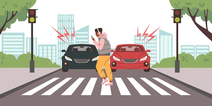 Young guy distracted by phone and cars driving near speed  Illustration