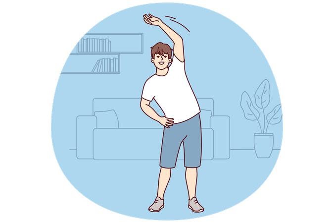 Young guy does warm-up while standing in home interior before jogging  Illustration