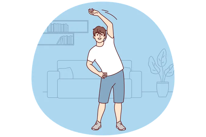 Young guy does warm-up while standing in home interior before jogging  Illustration