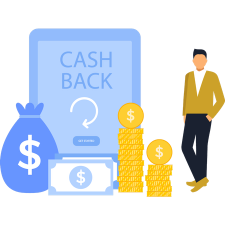 Young Guy Looking At Cashback Amount  Illustration