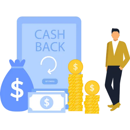Young Guy Looking At Cashback Amount  Illustration
