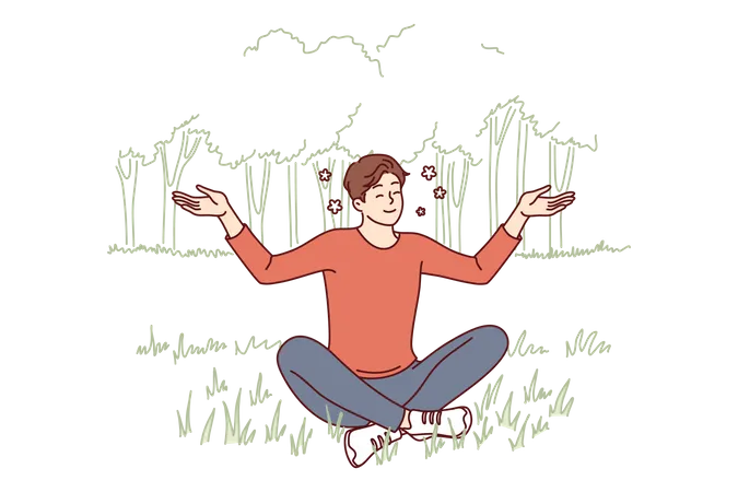 Young guy sits in lotus position on lawn doing yoga and meditating to restore strength  Illustration