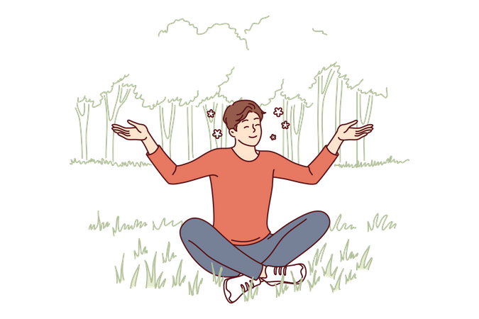 Young guy sits in lotus position on lawn doing yoga and meditating to restore strength  Illustration