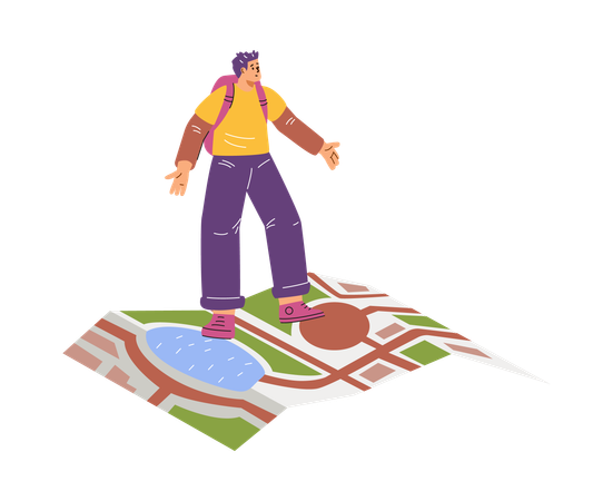 Young guy standing on a large map  Illustration