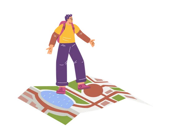 Young guy standing on a large map  Illustration