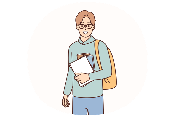 Young guy student with books and backpack preparing for hike from campus to college  Illustration