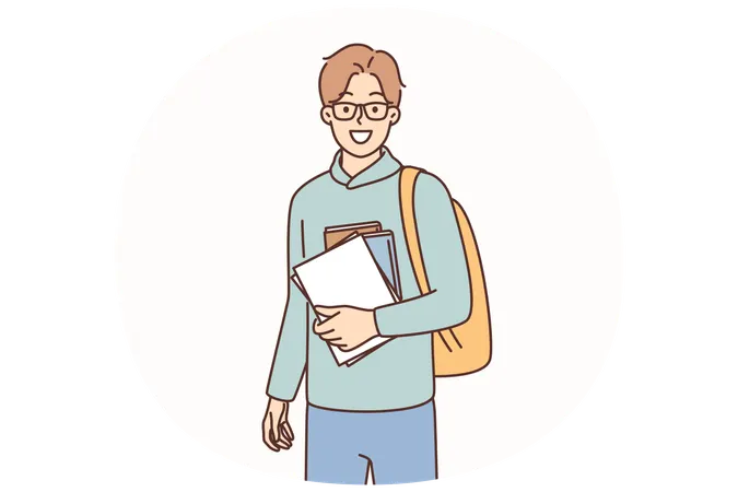 Young guy student with books and backpack preparing for hike from campus to college  Illustration