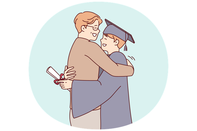 学位服を着た若い大学卒業生が卒業証書を受け取った後、父親を抱きしめる  イラスト