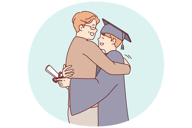 学位服を着た若い大学卒業生が卒業証書を受け取った後、父親を抱きしめる  イラスト