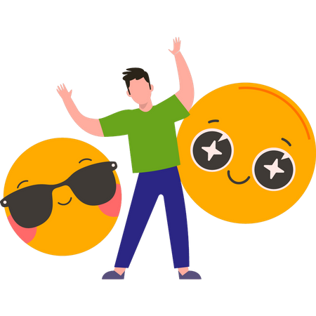 Young guy using cool emojis  일러스트레이션