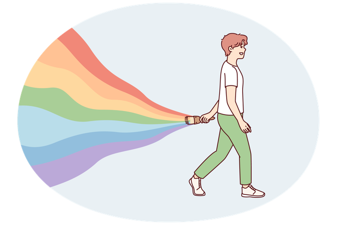 Young guy walks leaving behind rainbow symbolizes carelessness and positive attitude  Illustration