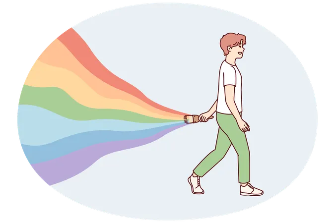 Young guy walks leaving behind rainbow symbolizes carelessness and positive attitude  Illustration