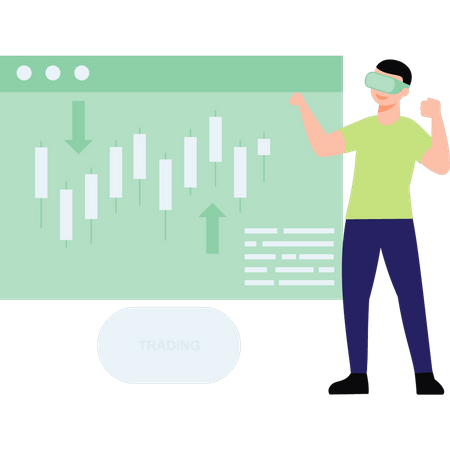 Young guy wearing VR goggles looks at trading graph  Illustration