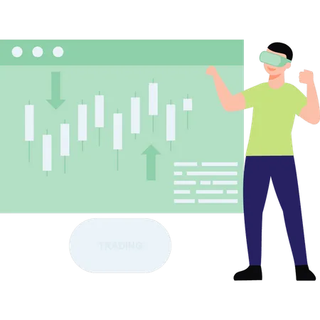 Young guy wearing VR goggles looks at trading graph  Illustration