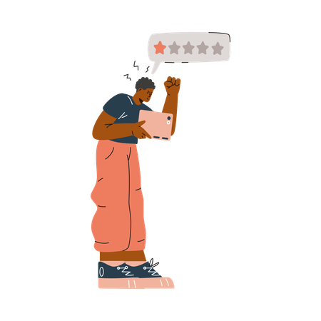 Young guy who expresses dissatisfaction on phone leaving  negative review  Illustration