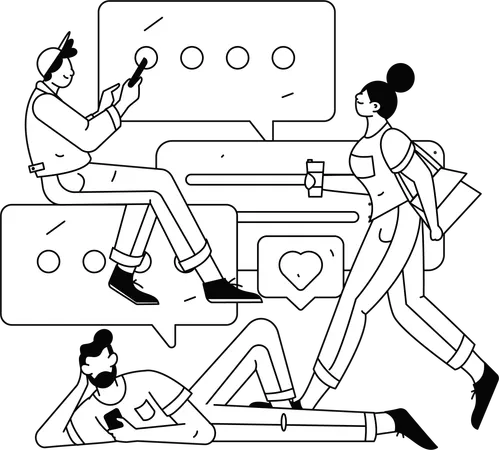 Young guys talking on social media while girl walking with coffee cup  Illustration