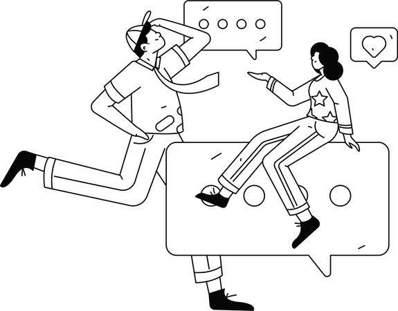Young guys talking on social media while girl walking with coffee cup  Illustration