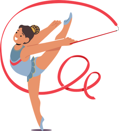 Young Gymnast Child Girl Gracefully Twirls With Ribbon  Illustration