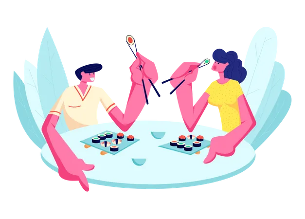 Young Happy Couple Eating Sushi In Restaurant Male And Female Characters Holding Sticks Sitting At Table With Japanese Food Dating Weekend Leisure Rest Sparetime Cartoon Flat Vector Illustration Illustration