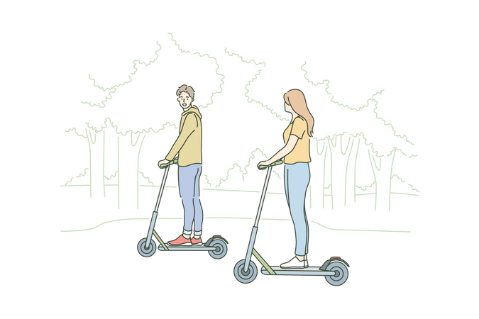 Young happy couple in love ride electric scooter at park together  Illustration