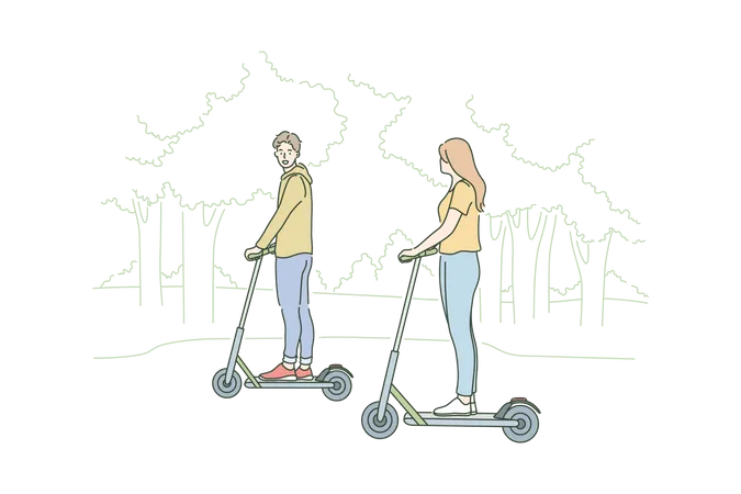 Young happy couple in love ride electric scooter at park together  Illustration